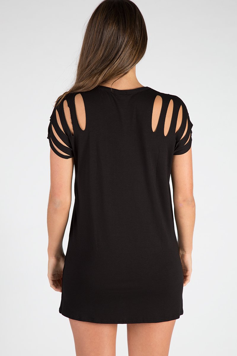 Black Forever Flying High Distressed T-Shirt Dress - Reiley-Dresses