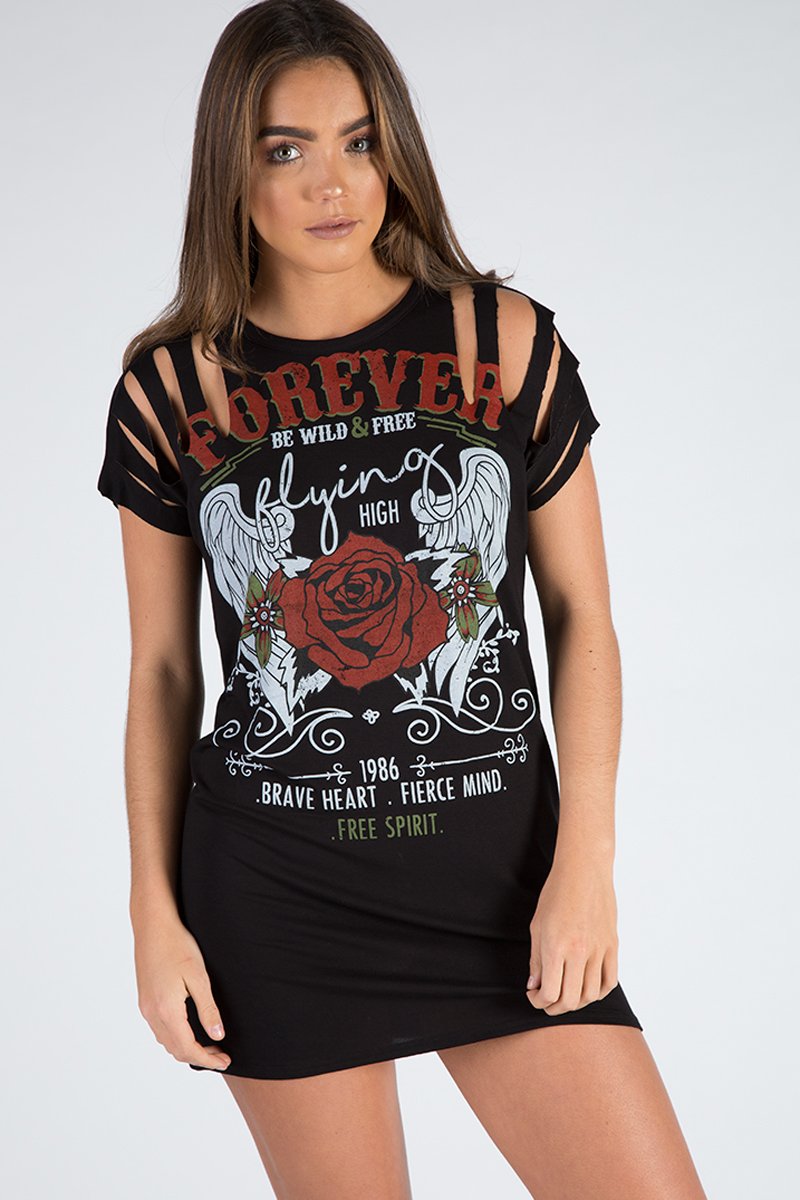 Black Forever Flying High Distressed T-Shirt Dress - Reiley-Dresses