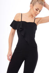 Black Frill Asymmetric One Shoulder Jumpsuit - Tory-Jumpsuits