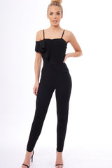 Black Frill Asymmetric One Shoulder Jumpsuit - Tory-Jumpsuits