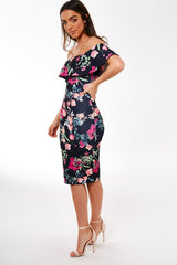 Black Frill Bardot Floral Midi Dress - Joanne-Dresses
