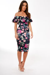 Black Frill Bardot Floral Midi Dress - Joanne-Dresses