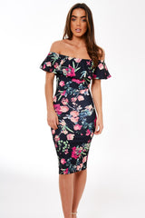 Black Frill Bardot Floral Midi Dress - Joanne-Dresses