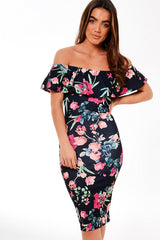 Black Frill Bardot Floral Midi Dress - Joanne-Dresses