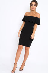 Black Frill Bardot Midi Dress - Bridget-Dresses