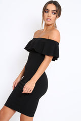 Black Frill Bardot Midi Dress - Bridget-Dresses