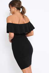 Black Frill Bardot Midi Dress - Bridget-Dresses
