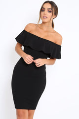 Black Frill Bardot Midi Dress - Bridget-Dresses