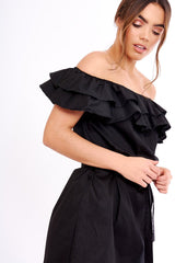 Black Frill Bardot Tie Waist Shirt Dress - Ally-Dresses