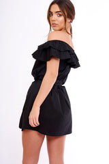 Black Frill Bardot Tie Waist Shirt Dress - Ally-Dresses