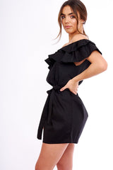 Black Frill Bardot Tie Waist Shirt Dress - Ally-Dresses