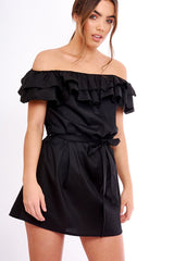 Black Frill Bardot Tie Waist Shirt Dress - Ally-Dresses
