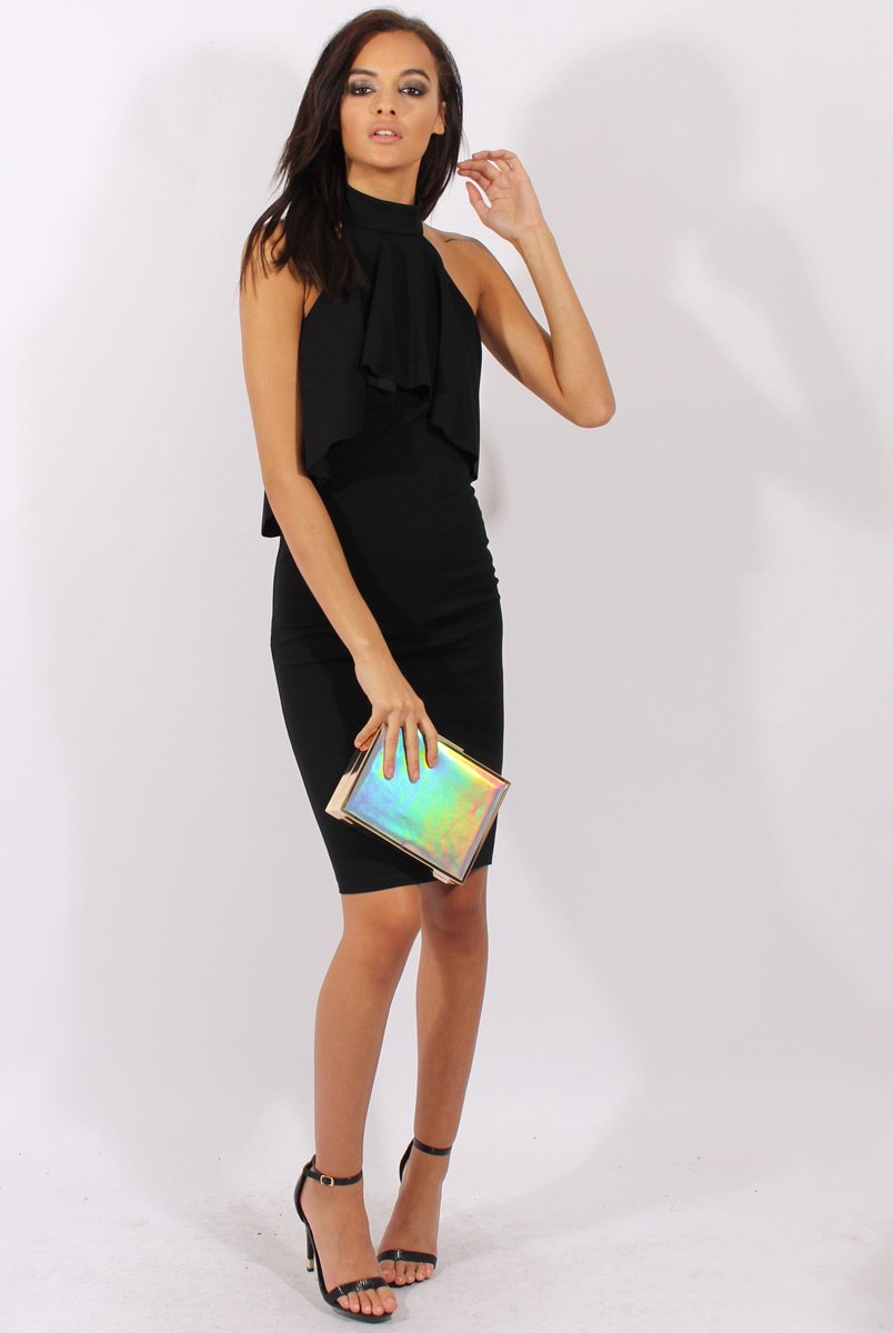 Black Frill Choker Midi Dress - Angela-Dresses