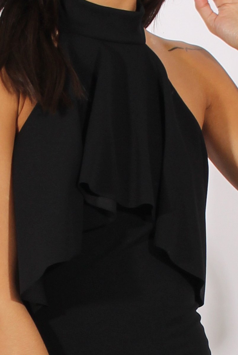 Black Frill Choker Midi Dress - Angela-Dresses