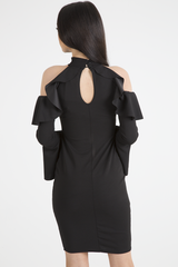 Black Frill Detail Cold Shoulder Dress - Bonnie-Dresses