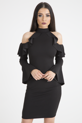 Black Frill Detail Cold Shoulder Dress - Bonnie-Dresses