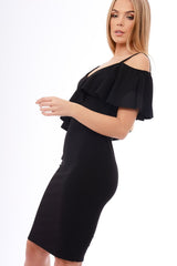 Black Frill Detail Strappy Bodycon Midi Dress - Sallie-Dresses