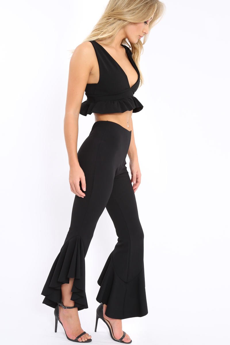 Black Frill Flare Hem Trousers - Ashlie-Trousers