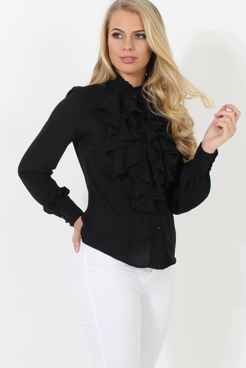 Black Frill Front Blouse - Camille-Blouses