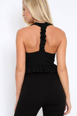 Black Frill Hem Racer Back Crop Top - Lucie-Crop Tops