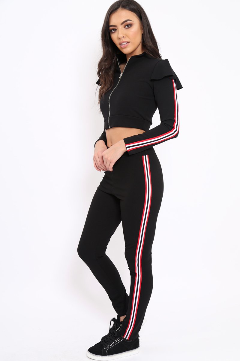 Black Frill Hem Sports Trim Tracksuit - Breanna-Loungewear