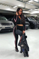 Black Frill Hem Sports Trim Tracksuit - Breanna-Loungewear