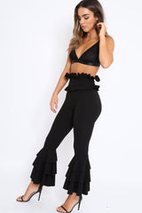 Black Frill Hem Triple Tiered Frill Hem Trousers - Karla-Trousers