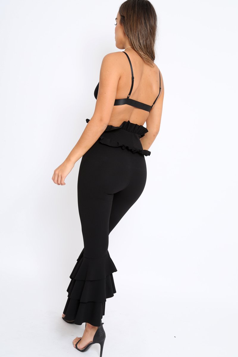 Black Frill Hem Triple Tiered Frill Hem Trousers - Karla-Trousers