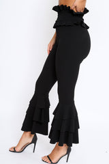 Black Frill Hem Triple Tiered Frill Hem Trousers - Karla-Trousers