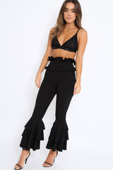 Black Frill Hem Triple Tiered Frill Hem Trousers - Karla-Trousers