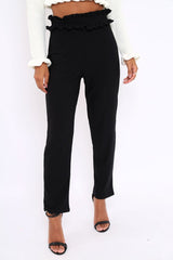 Black Frill Hem Wide Legged Trousers - Megan-Trousers