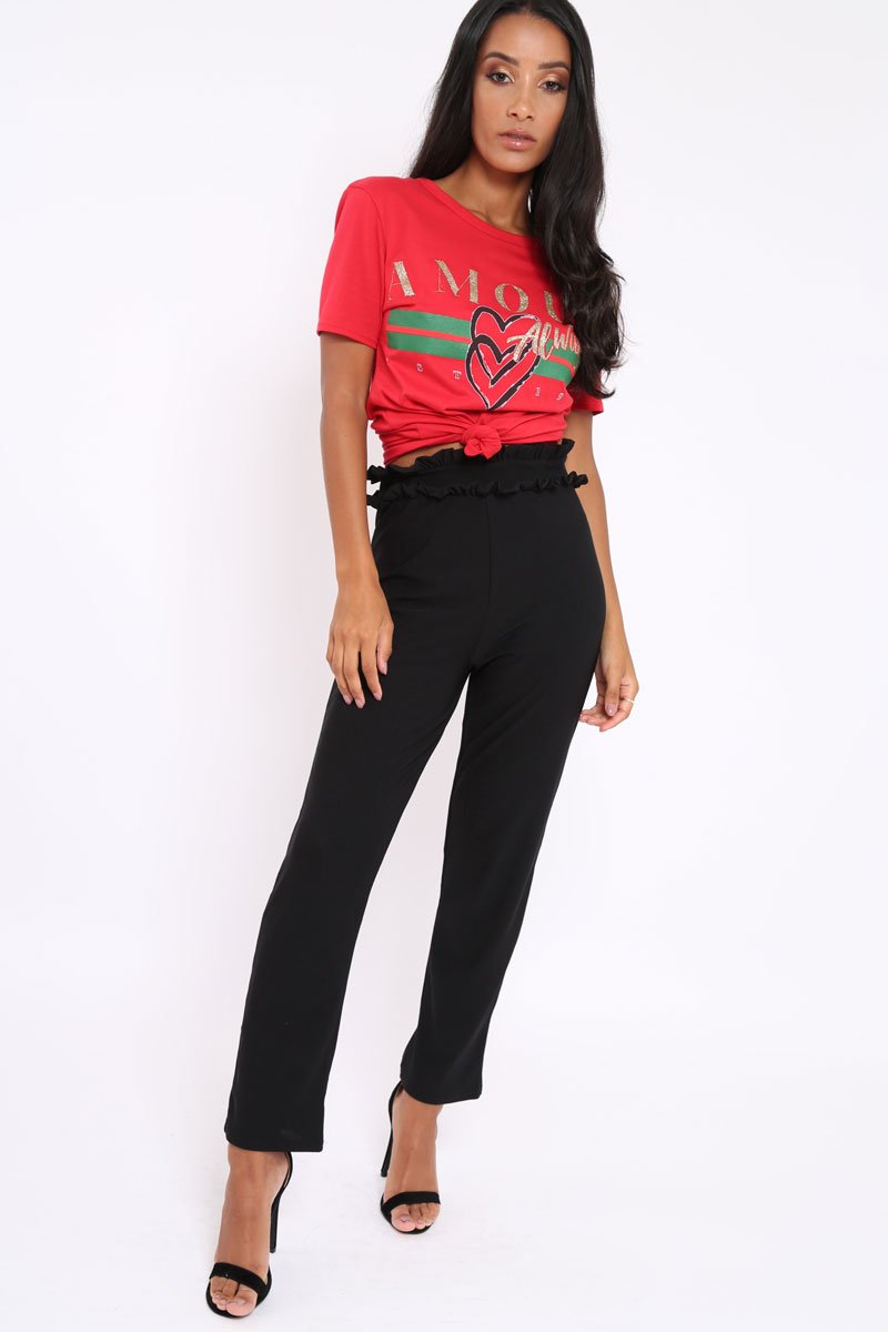 Black Frill Hem Wide Legged Trousers - Megan-Trousers