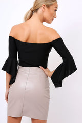 Black Frill Sleeve Bardot Crop Top - Kali-Crop Tops