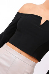 Black Frill Sleeve Bardot Crop Top - Kali-Crop Tops
