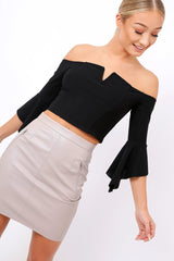 Black Frill Sleeve Bardot Crop Top - Kali-Crop Tops