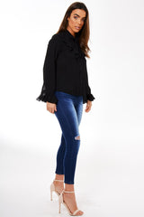 Black Frill Sleeve Blouse - Amara-Tops
