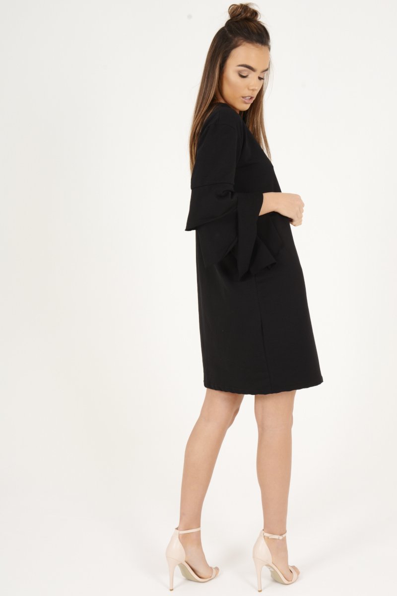 Black Frilled Sleeve Swing Dress - Aaria-Dresses