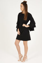 Black Frilled Sleeve Swing Dress - Aaria-Dresses