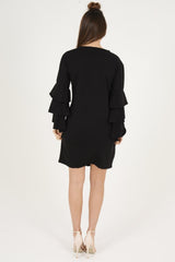 Black Frilled Sleeve Swing Dress - Aaria-Dresses
