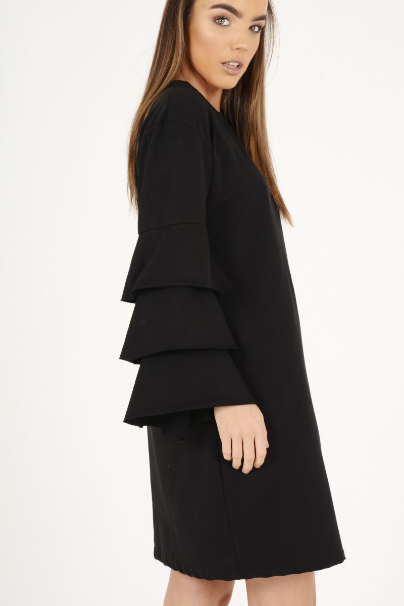 Black Frilled Sleeve Swing Dress - Aaria-Dresses