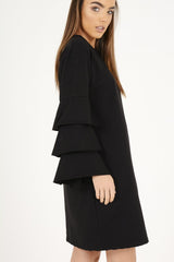 Black Frilled Sleeve Swing Dress - Aaria-Dresses