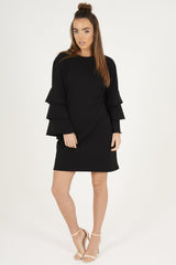 Black Frilled Sleeve Swing Dress - Aaria-Dresses