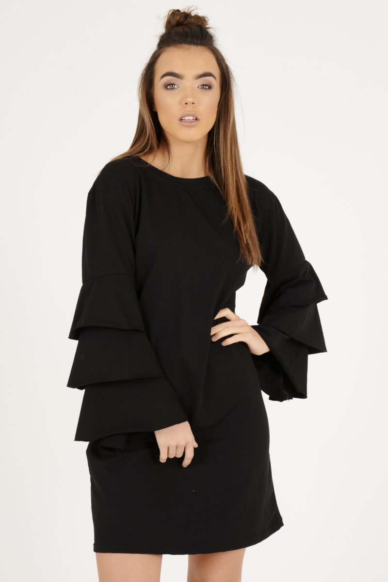 Black Frilled Sleeve Swing Dress - Aaria-Dresses