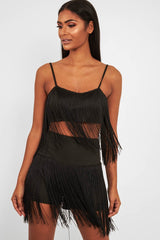 Black Fringe Crop Top Shorts Co-Ord - Lylith-Co-ords