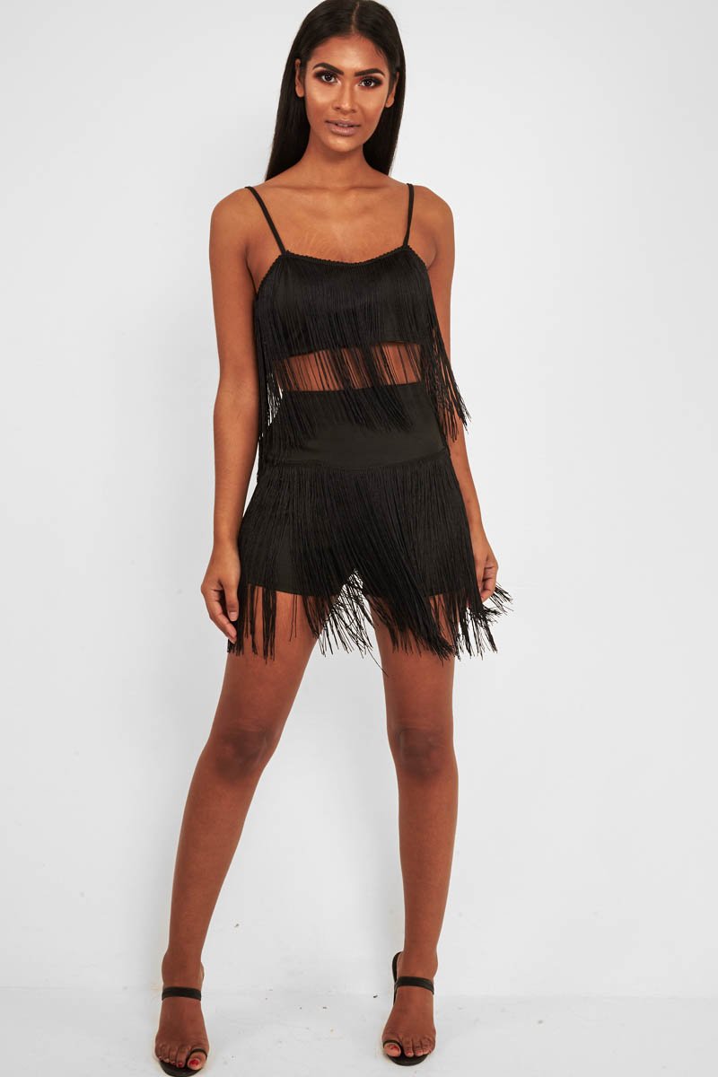 Black Fringe Crop Top Shorts Co-Ord - Lylith-Co-ords