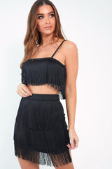 Black Fringe Crop Top Skirt Co-Ord - Lyela-Co-ords