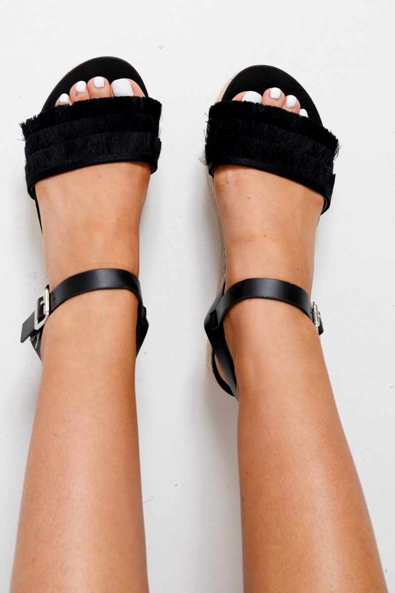 Black Fringe Diamante Platforms - Taryiah-Sandals