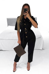 Black Front Button Belted Boiler Jumpsuit - Nyrah-Jumpsuits