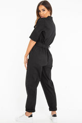 Black Front Button Belted Boiler Jumpsuit - Nyrah-Jumpsuits