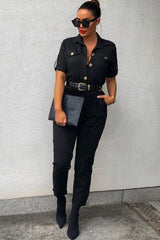 Black Front Button Belted Boiler Jumpsuit - Nyrah-Jumpsuits